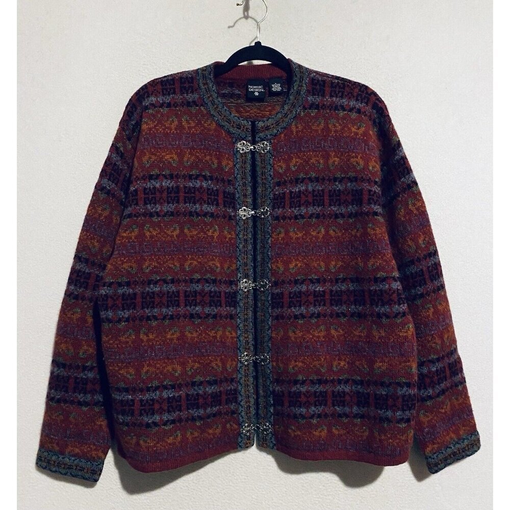 Nordic Designs Sweater Womens Large Red Fair Isle Cardigan Wool Pewter Clasp